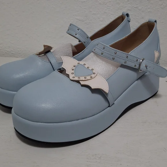 New Heart Valentine Mary jane Platform Shoes Light Blue - Picture 9 of 10